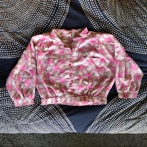 90s Vintage Cropped Plaid Button-Up Shirt - Shoulder Pads - Pink
